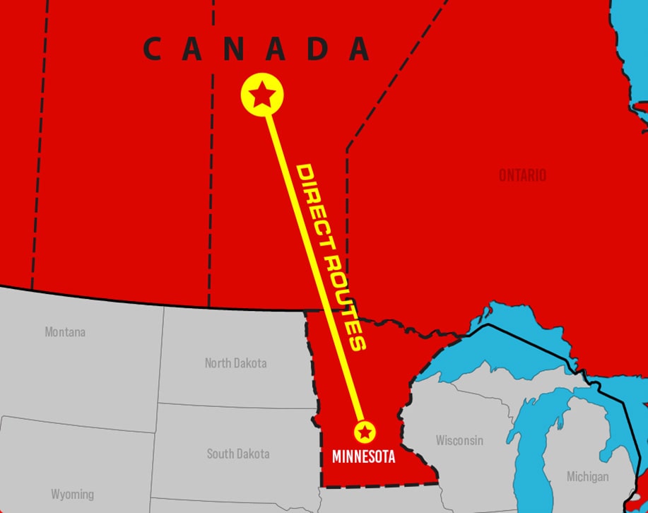 Map showing direct route from Minnesota to Canada