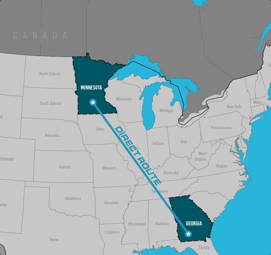 Map showing frequent route from Minnesota to Georgia