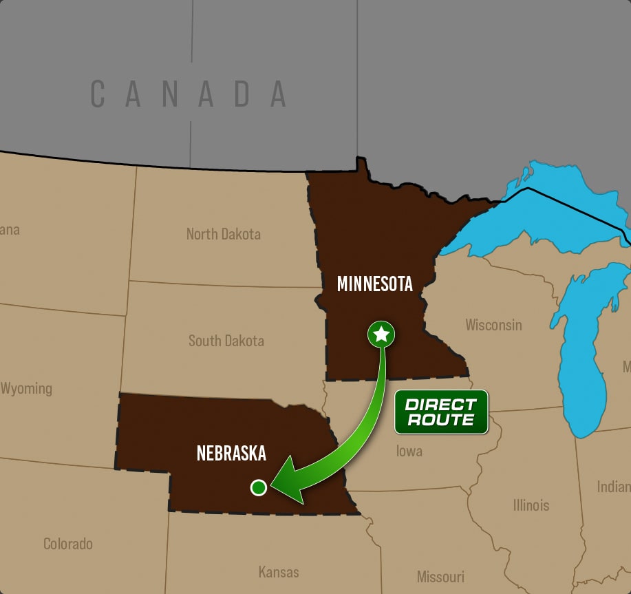 Map showing direct route from Minnesota to Nebraska