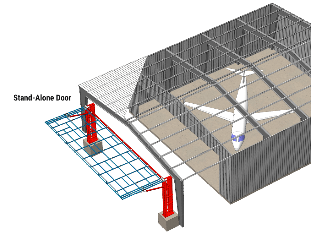 Illustration of jet parked inside hangar fitted with Schweiss hydraulic stand alone door