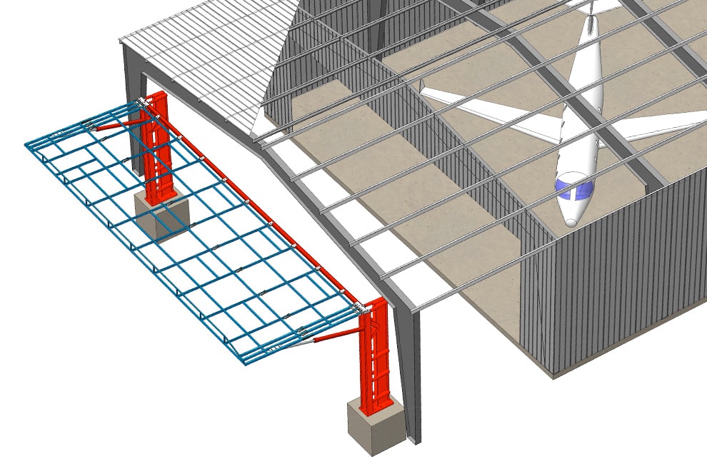 Diagram of Schweiss tripod leg design for hydraulic doors fitted on hangar