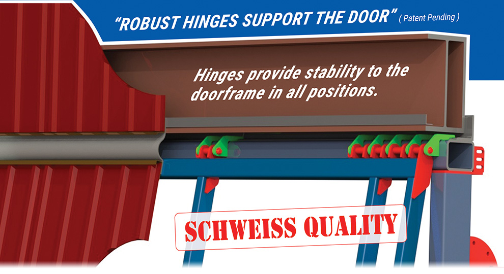 Schweiss hydraulic door hinges give stability to the doorframe at any position