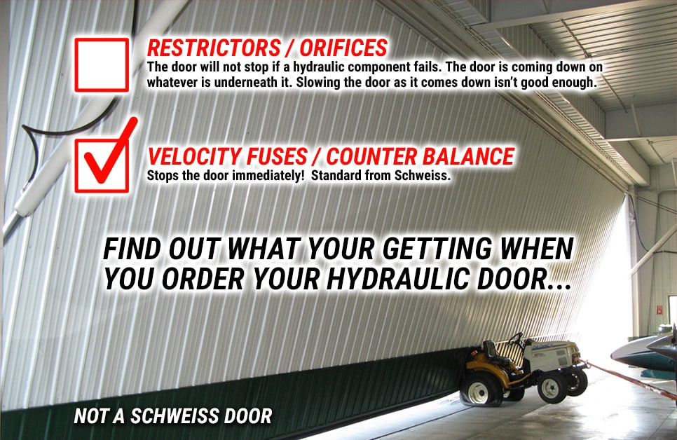 Lawn mower crushed by non-Schweiss hydraulic door due to restrictors - find out what you're getting and make sure they are velocity fuses!