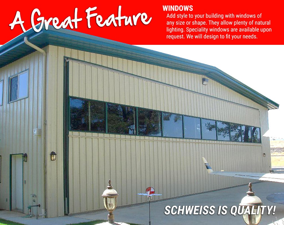 Row of windows across Schweiss hangar doors.